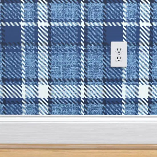 Pre-Pasted Wallpaper 2FT Wide Monochrome Plaid Blue Farmhouse Custom Pre-pasted Wallpaper by Spoonflower {4}