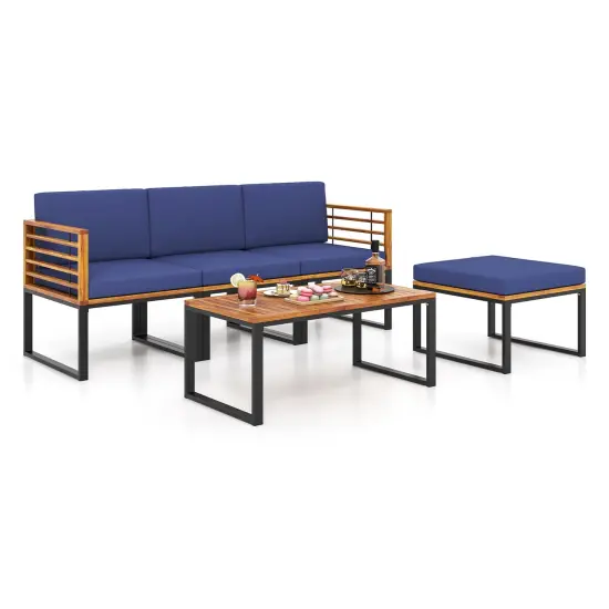 5-Piece Patio Acacia Wood Chair Set with Ottoman and Coffee Table-Navy {4}