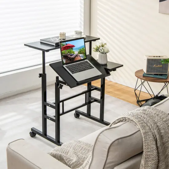 Costway Mobile Stand up Computer Desk Rolling Standing Laptop Cart with 2 Tilting Desktops Sitting Standing Modes Height Adjustable Home Office Black {2}