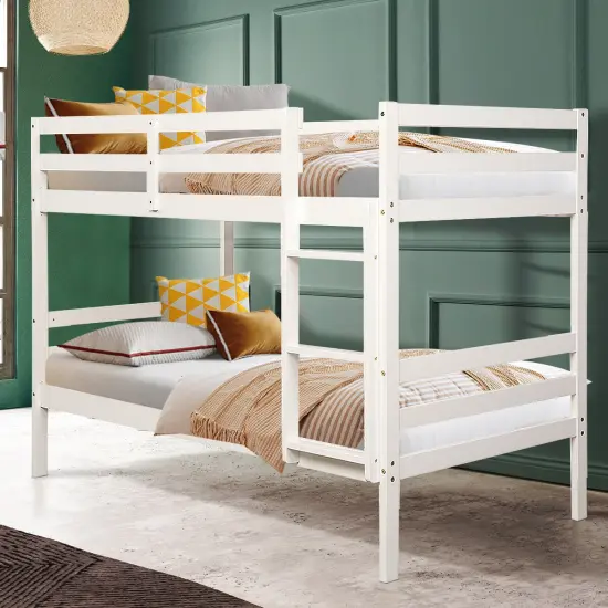 Children's Wooden Slat Design Twin Bunk Bed with Headboard and Footboard White {3}