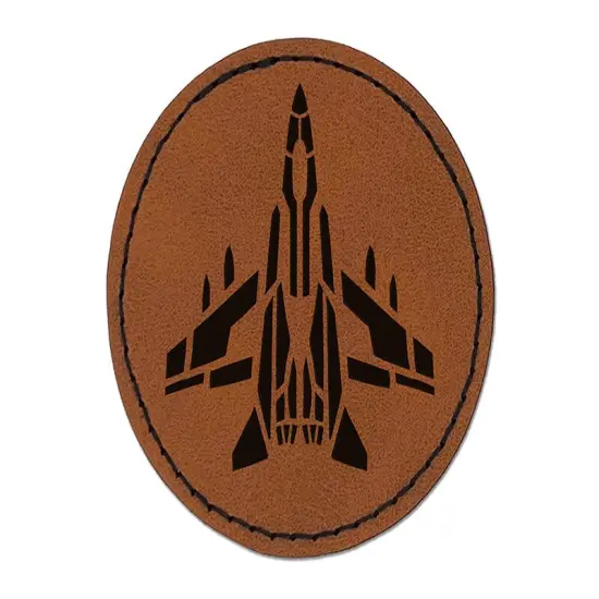 Fighter Jet War Plane Combat Vehicle with Missiles Round Iron-On Engraved Faux Leather Patch Applique - 2.5" Brown {1}