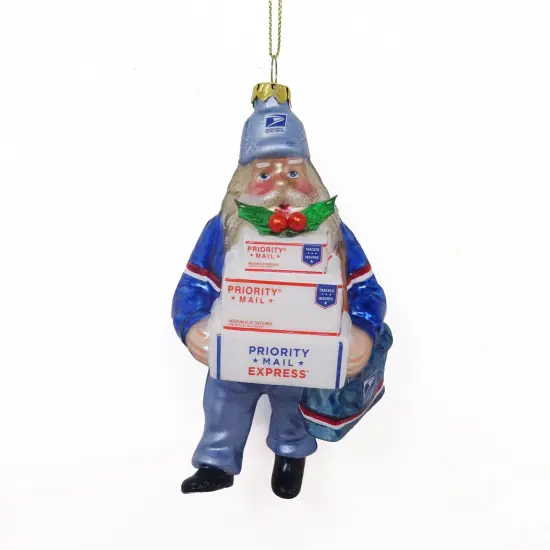 Northlight Busy Santa USPS "Priority Mail" Carrier Glass Christmas Ornament - 6" - Blue {1}