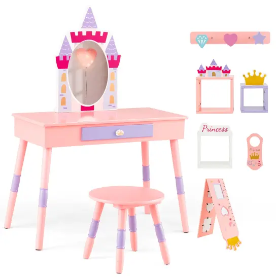 Kids Princess Vanity Table and Stool Set with Drawer and Mirror-Pink {2}