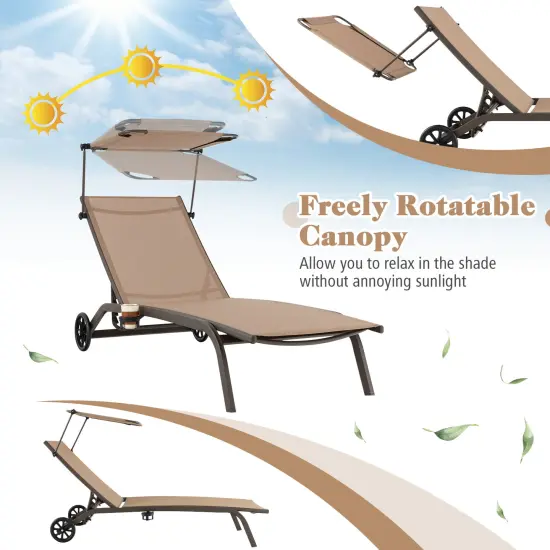 Patio Heavy-Duty Adjustable Chaise Lounge Chair with Canopy Cup holder and Wheels-Brown {5}