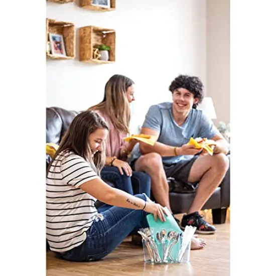 Plastic Cutlery Storage Organizer Caddy Bin Tote with Handle - Kitchen Cabinet Divided Pantry Basket for Forks, Knives, Spoons, Napkins, Indoor/Outdoor Use, Lumiere Collection, Clear {3}