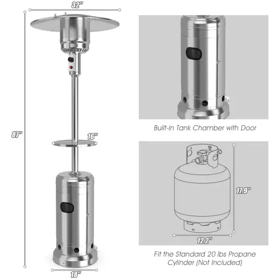 Outdoor Heater Propane Standing LP Gas Steel with Table & Wheels Silver {4}