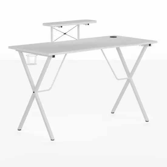 Emma and Oliver Gaming Desk with Cup Holder, Headphone Hook, and Monitor Stand White {1}