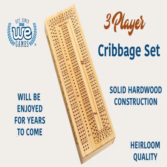 WE Games 3 Player Wooden Cribbage Set - Easy Grip Pegs and 2 Decks of Cards Inside of Board {3}