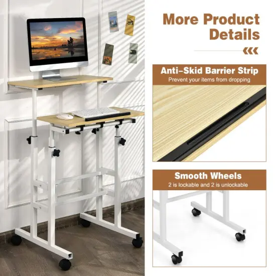 Height Adjustable Mobile Standing Desk with rolling wheels for office and home Natural {5}