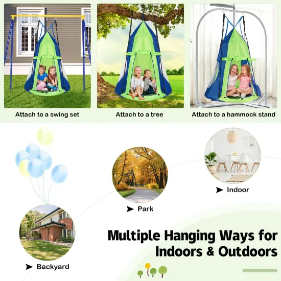 2-in-1 40 Inch Kids Hanging Chair Detachable Swing Tent Set Green {4}