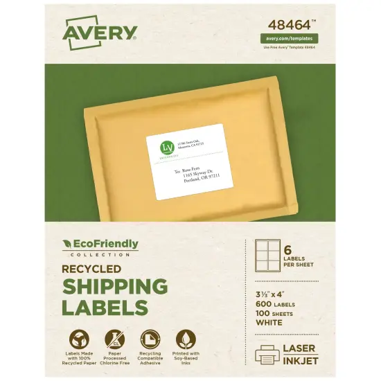 Avery EcoFriendly Recycled Shipping Labels, 3-1/3" x 4", White, Permanent Label Adhesive, 600 Printable Labels (48464) {1}