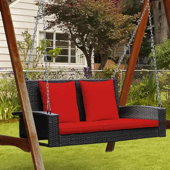 2-Person Patio Rattan Porch Swing with Cushions Red {1}