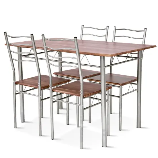 5 pcs Wood Metal Dining Table Set with 4 Chairs Walnut {4}
