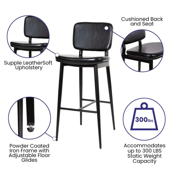 Merrick Lane Regency Faux Leather Barstools Contemporary Metal Frame Stools with Integrated Footrest - Set of 2 Black {2}