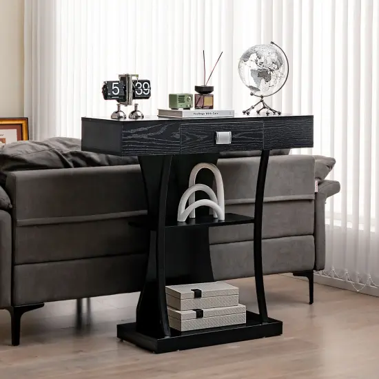 Console Table with Drawer and 2-Tier Shelves for Entryway Living Room Black {2}