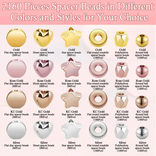 2160 Pieces Gold Spacer Beads Set, Assorted Round Star Gold Beads for Bracelet Jewelry Making(Gold, Sliver, Rose Gold, KC Gold) {3}