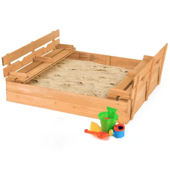 Kids Wooden Sandbox with 2 Foldable Bench Seats {3}