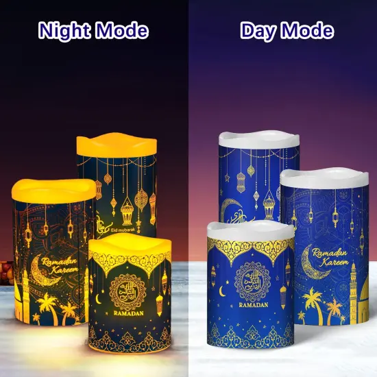 3 PCS Eid Mubarak Flameless LED Candles Lights Eid Decor Candle Lights with Timer Warm White Battery Operated Electric Led Muslim Ramadan Candle Lights for Party Supplies Home Decor {5}