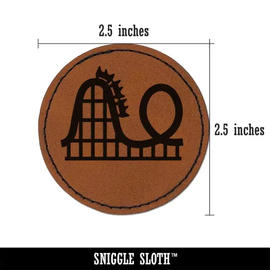Roller Coaster Amusement Park Round Iron-On Engraved Faux Leather Patch Applique - 2.5" Brown {3}