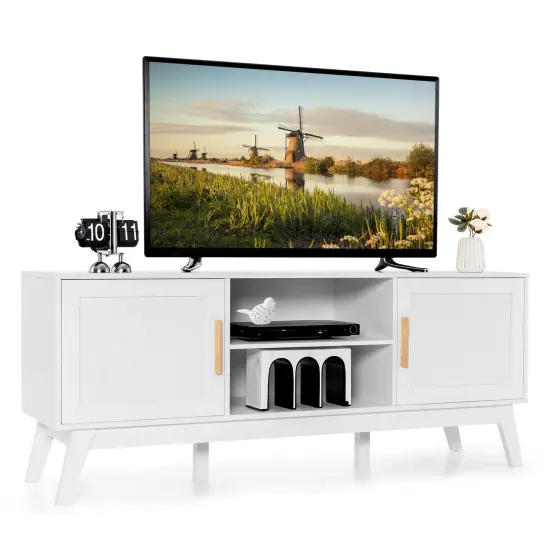TV Stand Entertainment Media Console with 2 Rattan Cabinets and Open Shelves-White {1}