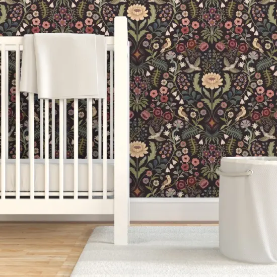 Pre-Pasted Wallpaper 2FT Wide Traditional Floral Folk Art Birds Victorian Green Pinks Burgundy Extra Large Custom Pre-pasted Wallpaper by Spoonflower {7}