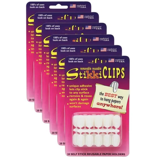 StikkiCLIPS&trade; Adhesive Clips, White, 20 Per Pack, 6 Packs {1}