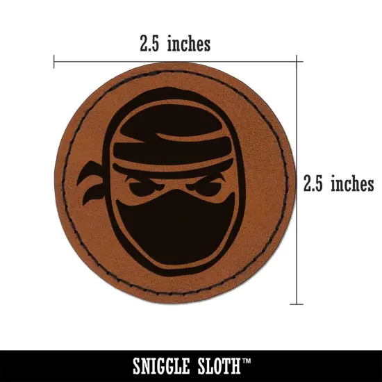 Sneaky Ninja Face Round Iron-On Engraved Faux Leather Patch Applique - 2.5" Brown {3}