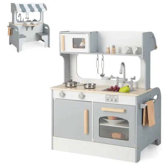 Double Sided Kids Pretend Kitchen Playset with 2-Seat Cafe-grey {1}