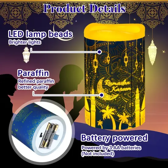 3 PCS Eid Mubarak Flameless LED Candles Lights Eid Decor Candle Lights with Timer Warm White Battery Operated Electric Led Muslim Ramadan Candle Lights for Party Supplies Home Decor {6}