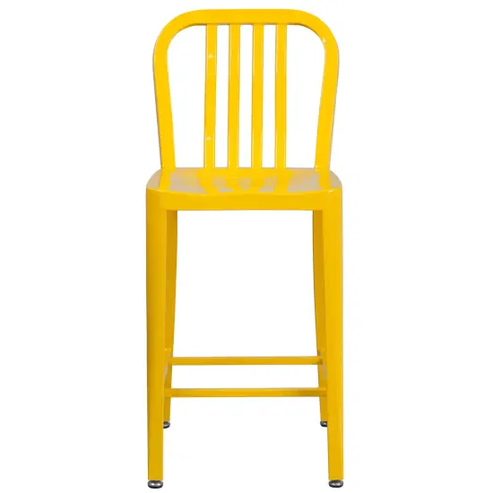 Merrick Lane Santorini Galvanized Steel Indoor/Outdoor Counter Bar Stool With Slatted Back And Powder Coated Finish Yellow {3}