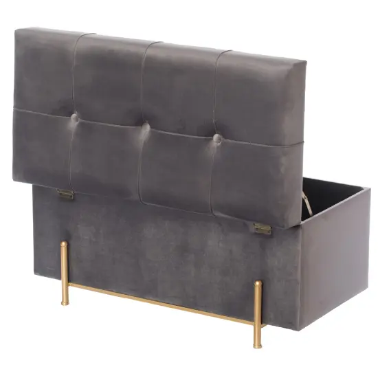 Large Rectangle Velvet Storage Ottoman Stool Box with Golden Legs | Decorative Sitting Bench for Living Room Home Decor with Cylindrical Golden Support Gray {5}