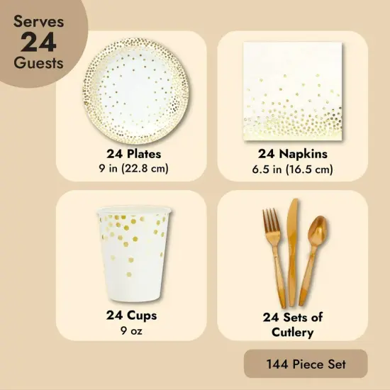 144 Piece Gold Party Supplies and Decorations for Wedding, Birthday, Serves 24 {3}