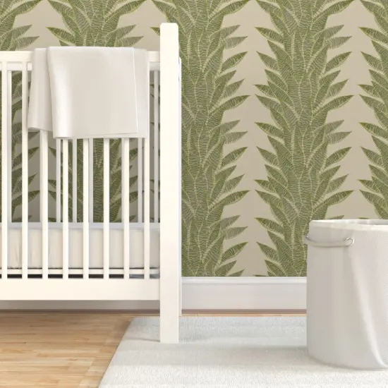 Pre-Pasted Wallpaper 2FT Wide Tropical Stripe Olive Green Succulent Neutral Greenery Custom Pre-pasted Wallpaper by Spoonflower {7}