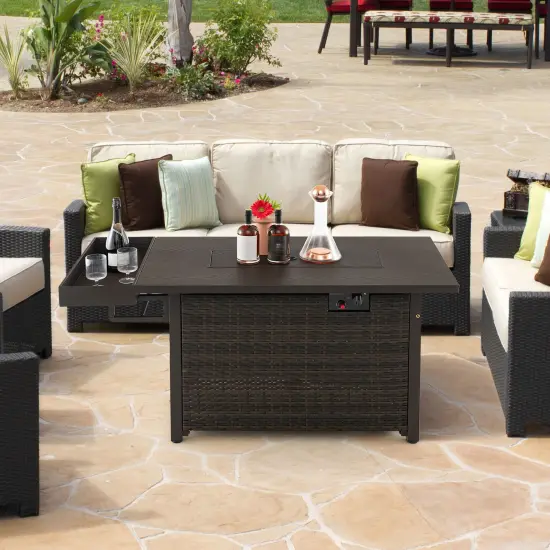 52 Inches Outdoor Wicker Gas Fire Pit Propane Fire Table with Cover Brown {1}