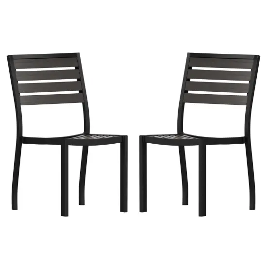 Merrick Lane Kersey Outdoor Side Chairs Poly Faux Wood and Metal Patio and Deck Chairs for All-Weather Use- Set of 2 Gray Wash Teak {1}