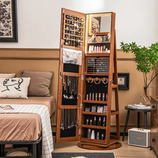 360 Degree Full Length Mirror Jewelry Armoire Cabinet with 3-Color LED Lights and Lockable Door Dark Brown {6}