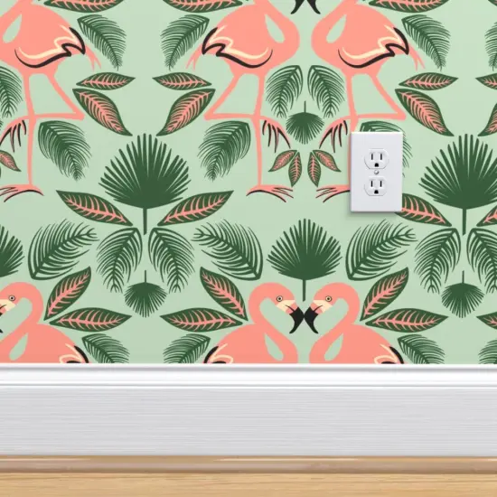 Pre-Pasted Wallpaper 2FT Wide Flamingo Palm Leaves Green Pink Tropics Island Custom Pre-pasted Wallpaper by Spoonflower {4}