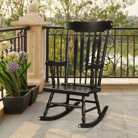 Solid Wood Porch Glossy Finish Rocking Chair Black {2}