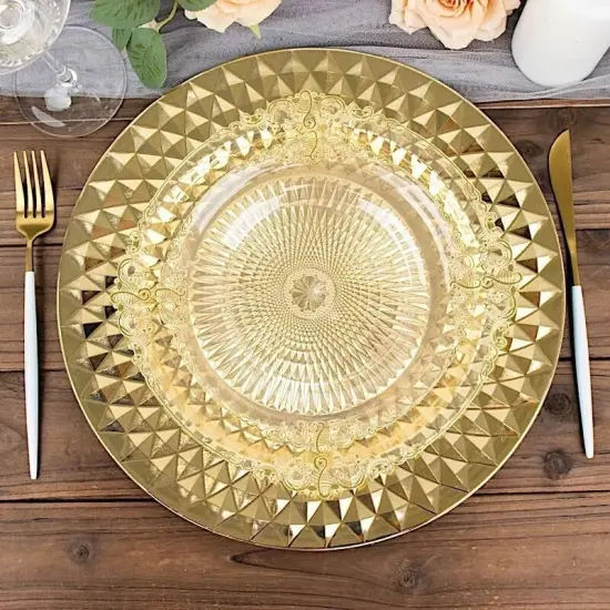 GOLD 6 Metallic 13" Round Plastic CHARGER PLATES Diamond Pattern {3}