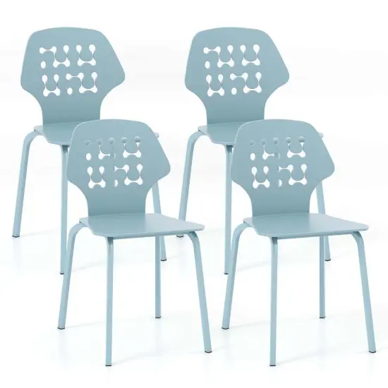 Costway Metal Dining Chair Set of 4 Armless Kitchen Hollowed Backrest & Metal Legs Blue/White {7}