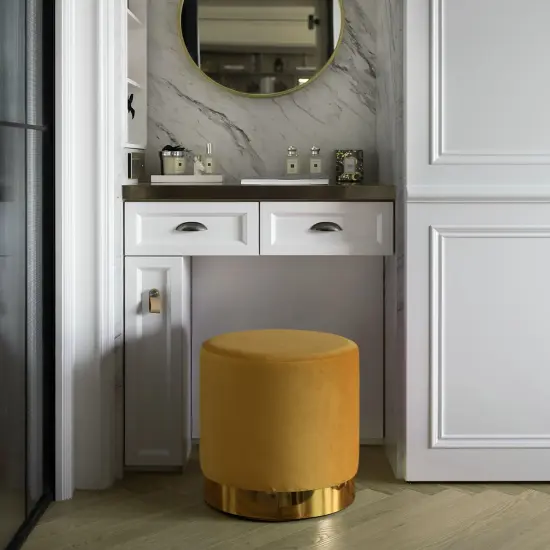 Modern Round Velvet Fabric Standard Ottoman Stool with Gold Base Mustard {4}