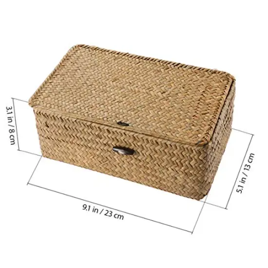 1 Basket with Lids: Seagrass Storage Woven Basket Straw Desktop Rattan 9 inch Hand- Woven Storage Basket Bins Container Organizer for Shelf Desktop Home Decor {5}