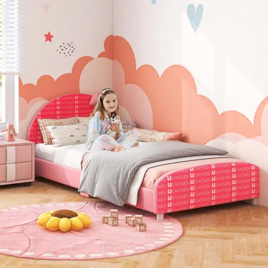 Honeyjoy Children Twin Size Upholstered Platform Single Bed with Headboard & Footboard Pink {2}
