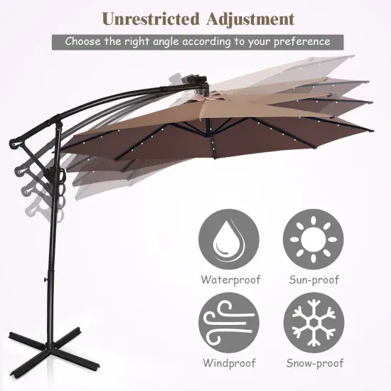 Costway 10FT Patio Offset Umbrella Solar LED 360degrees Rotation Brown {6}