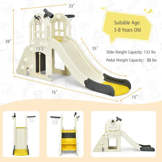 6-In-1 Large Slide for Kids Toddler Climber Slide Playset with Basketball Hoop Yellow {5}