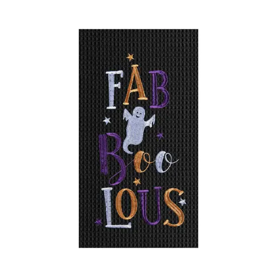 FAB-Boo-Lous Ghost Embroidered Cotton Halloween Waffle Weave Kitchen Towel {1}