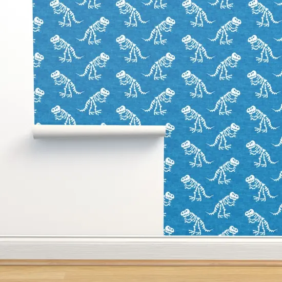 Pre-Pasted Wallpaper 2FT Wide Blue Dinosaur Tyrannosaurus Rex Trex Dino Bones Kid Small Scale Jurassic Custom Pre-pasted Wallpaper by Spoonflower {2}