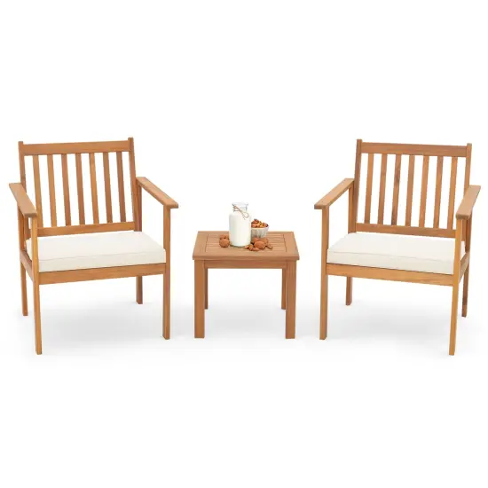 3 Pieces Patio Wood Furniture Set With Soft Cushions For Porch White {4}