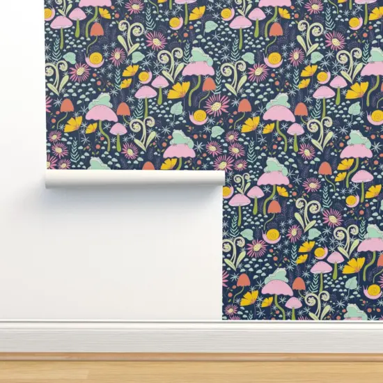 Pre-Pasted Wallpaper 2FT Wide Whimsical Forest Blue Snails Frogs Mushrooms Small Scale Custom Pre-pasted Wallpaper by Spoonflower {2}