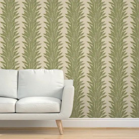 Pre-Pasted Wallpaper 2FT Wide Tropical Stripe Olive Green Succulent Neutral Greenery Custom Pre-pasted Wallpaper by Spoonflower {5}